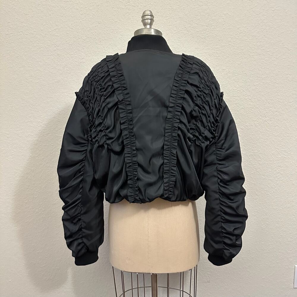 MABLE Bomber Jacket Black Lined Ruched Ruffled Cropped Relaxed Fit - Picture 2 of 11